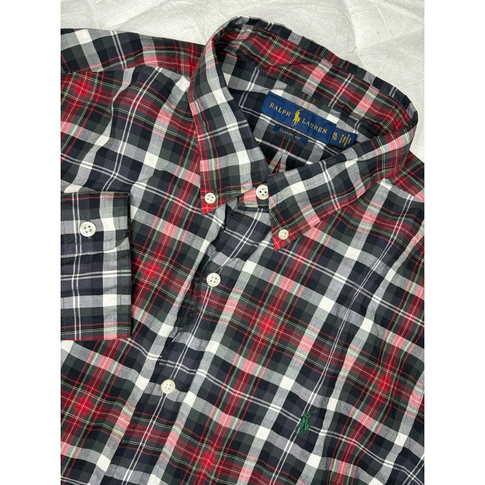 RALPH LAUREN Classic Fit Button Down Plaid Shirt Red & Black‎ XL Green Pony